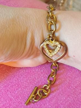 Chic Gold Diamond Heart Charm Fat Link Bracelet Faux